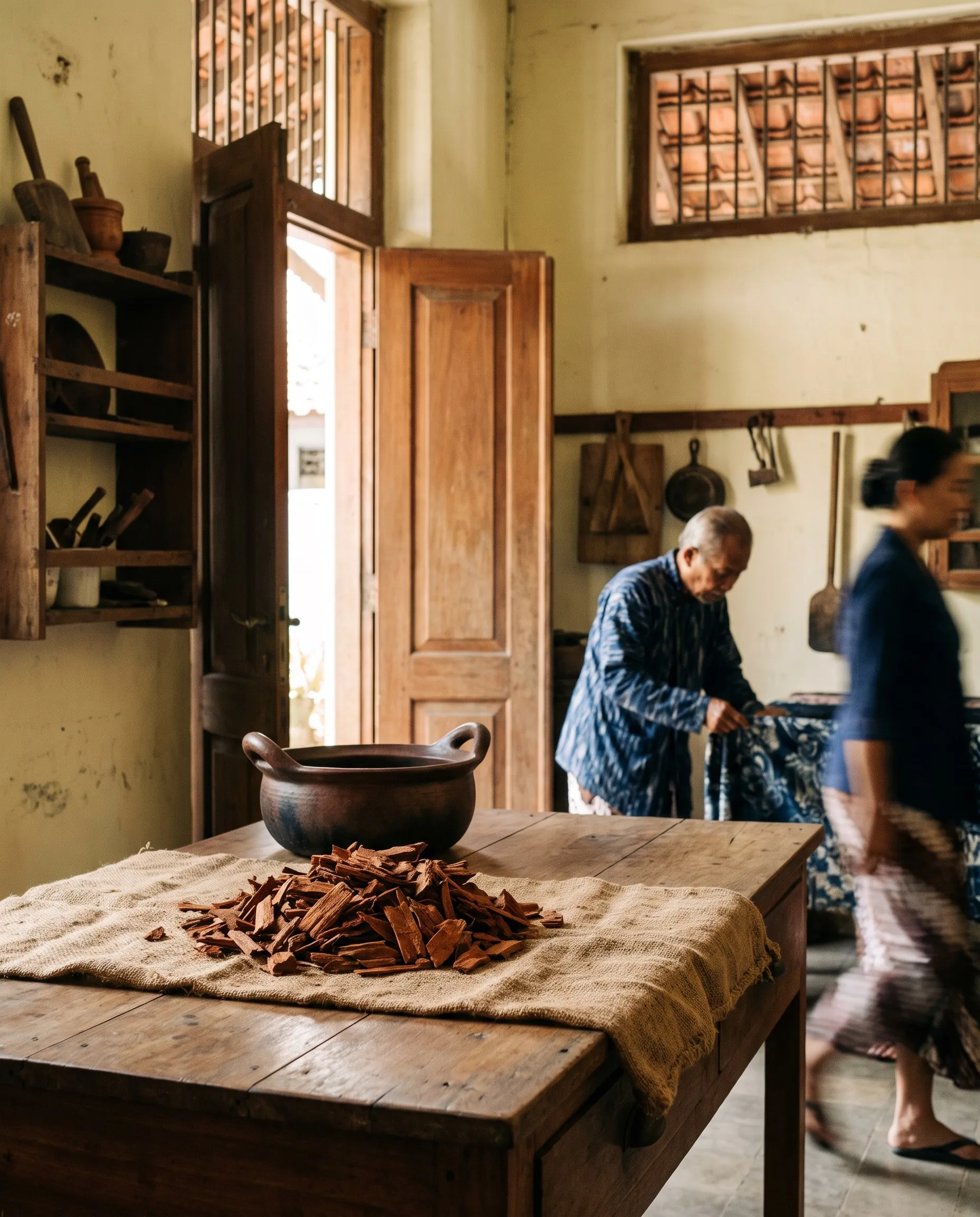 Potongan kulit kayu soga cokelat kemerahan di atas kain goni, dengan panci rebusan di belakang