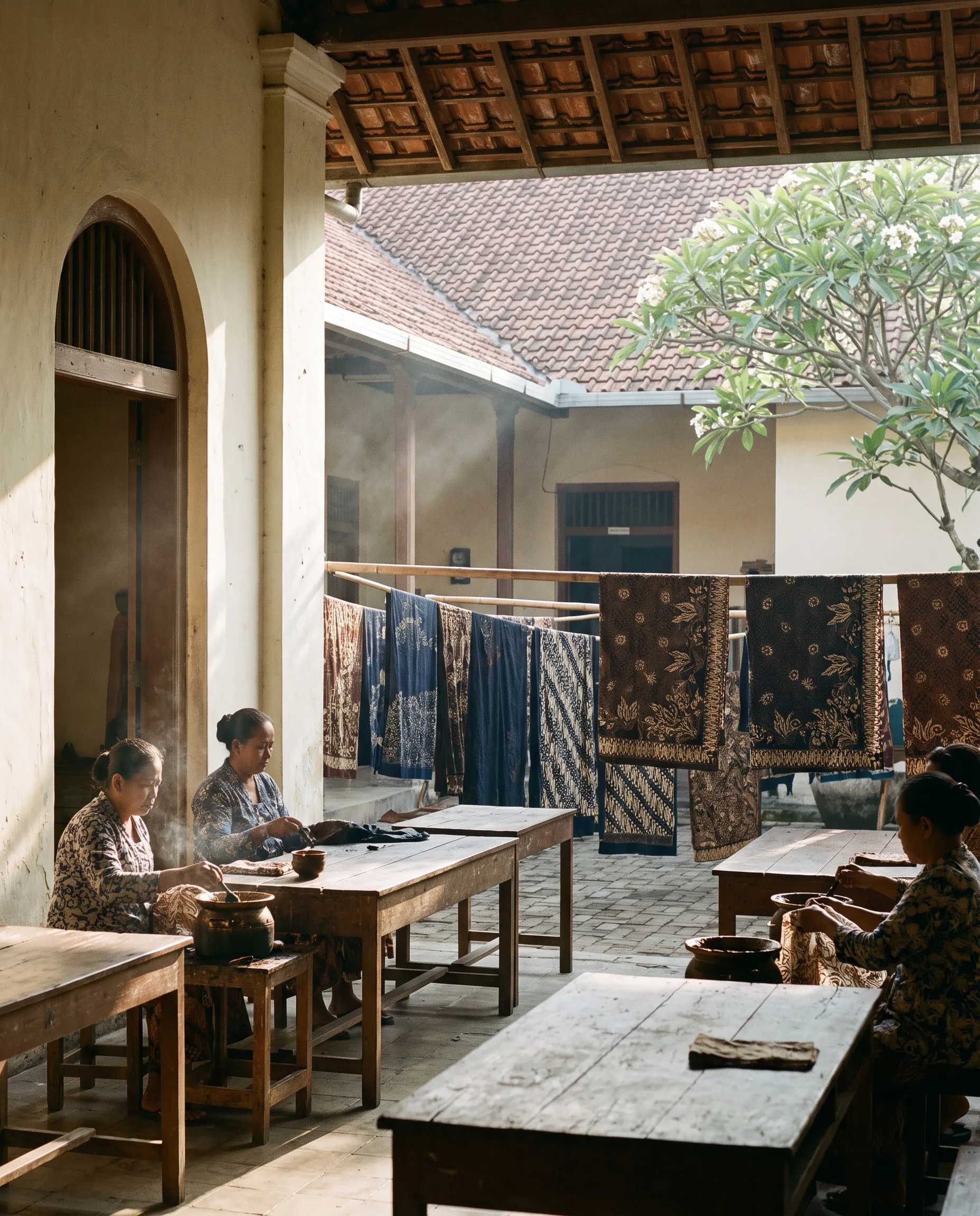 Deretan kain batik nila dan soga dijemur pada tali di halaman, cahaya pagi