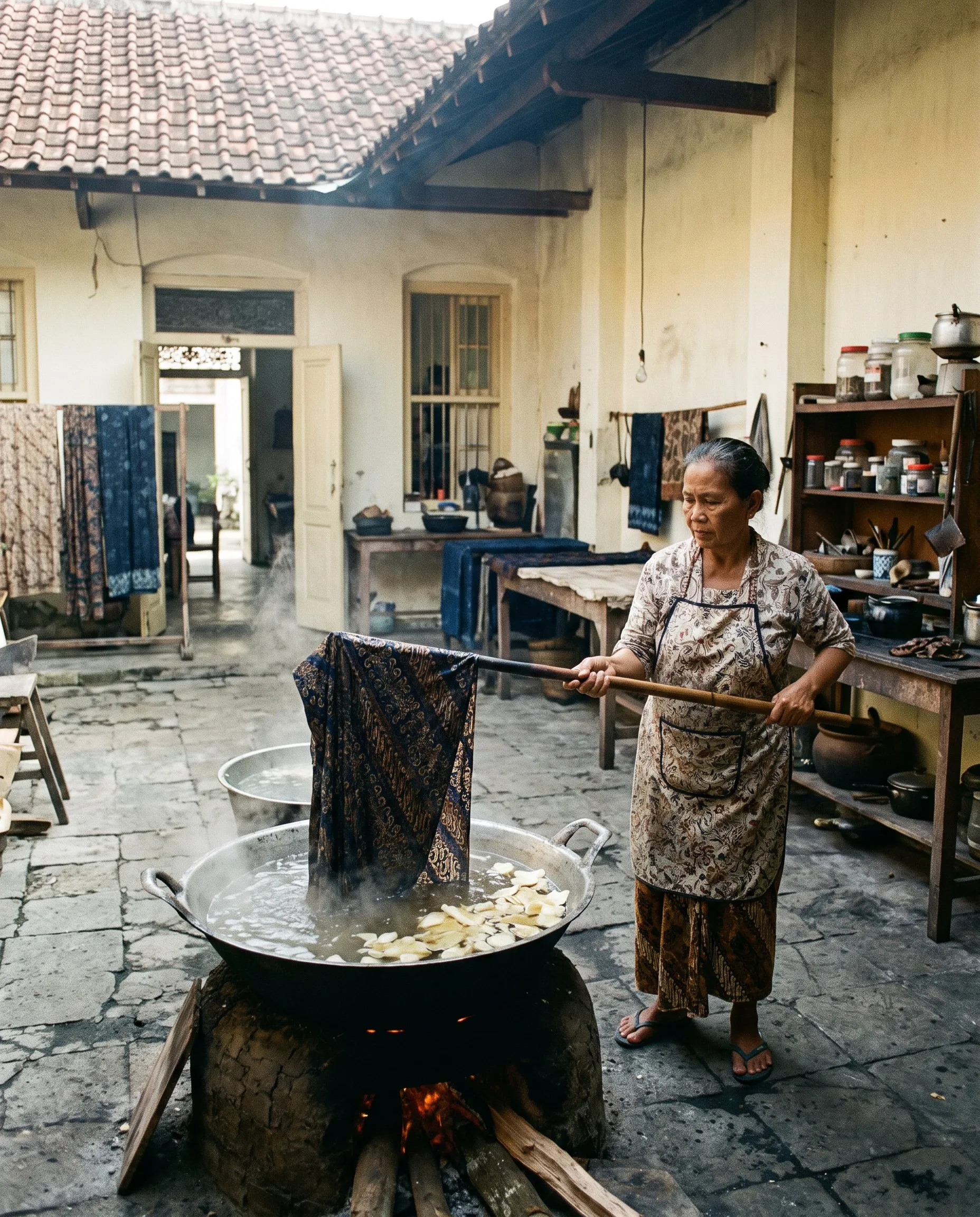 Kain batik direbus di panci besar, lilin mengapung di permukaan air panas